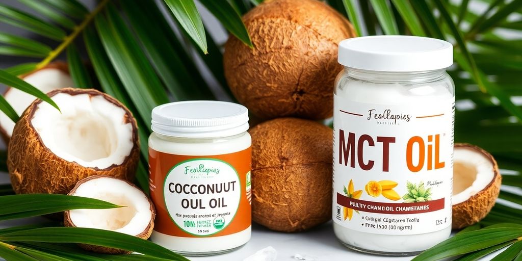 Coconut oil and MCT oil in jars with coconuts.