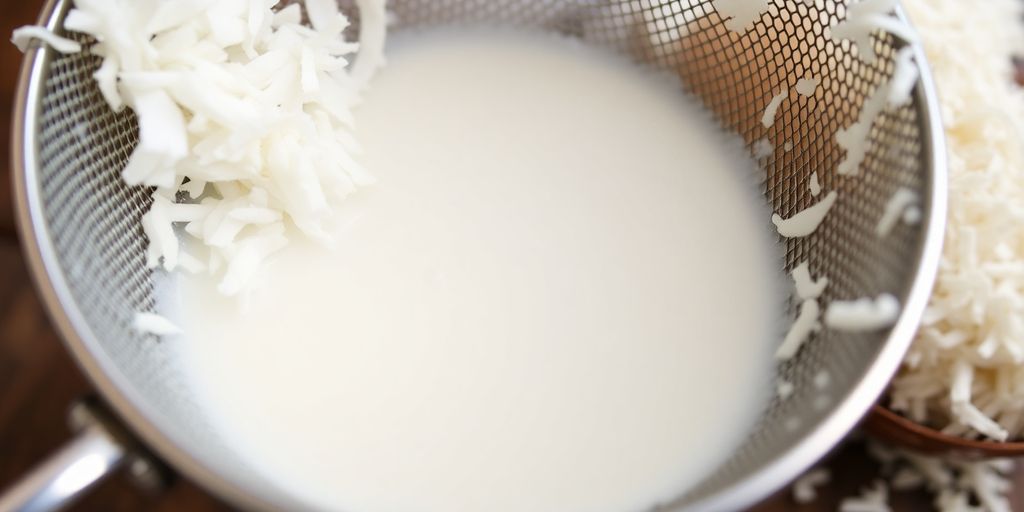 Straining coconut milk from shredded coconut in a sieve.