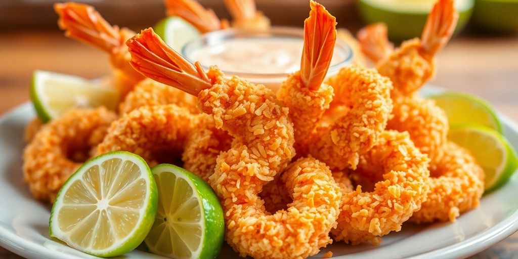 Crispy coconut shrimp with lime and dipping sauce.