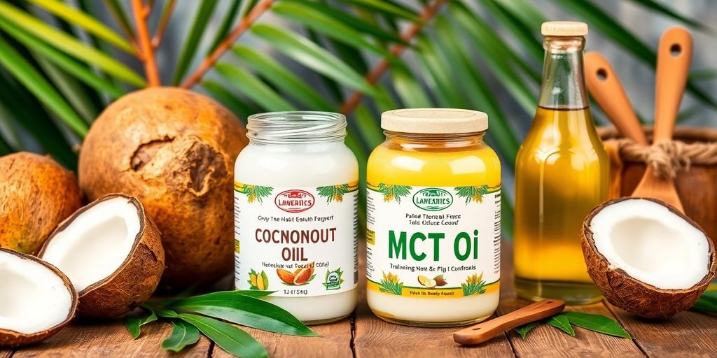 Coconut oil and MCT oil with fresh coconuts and leaves.