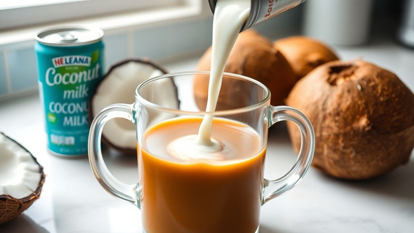 Canned coconut milk poured into coffee in kitchen.